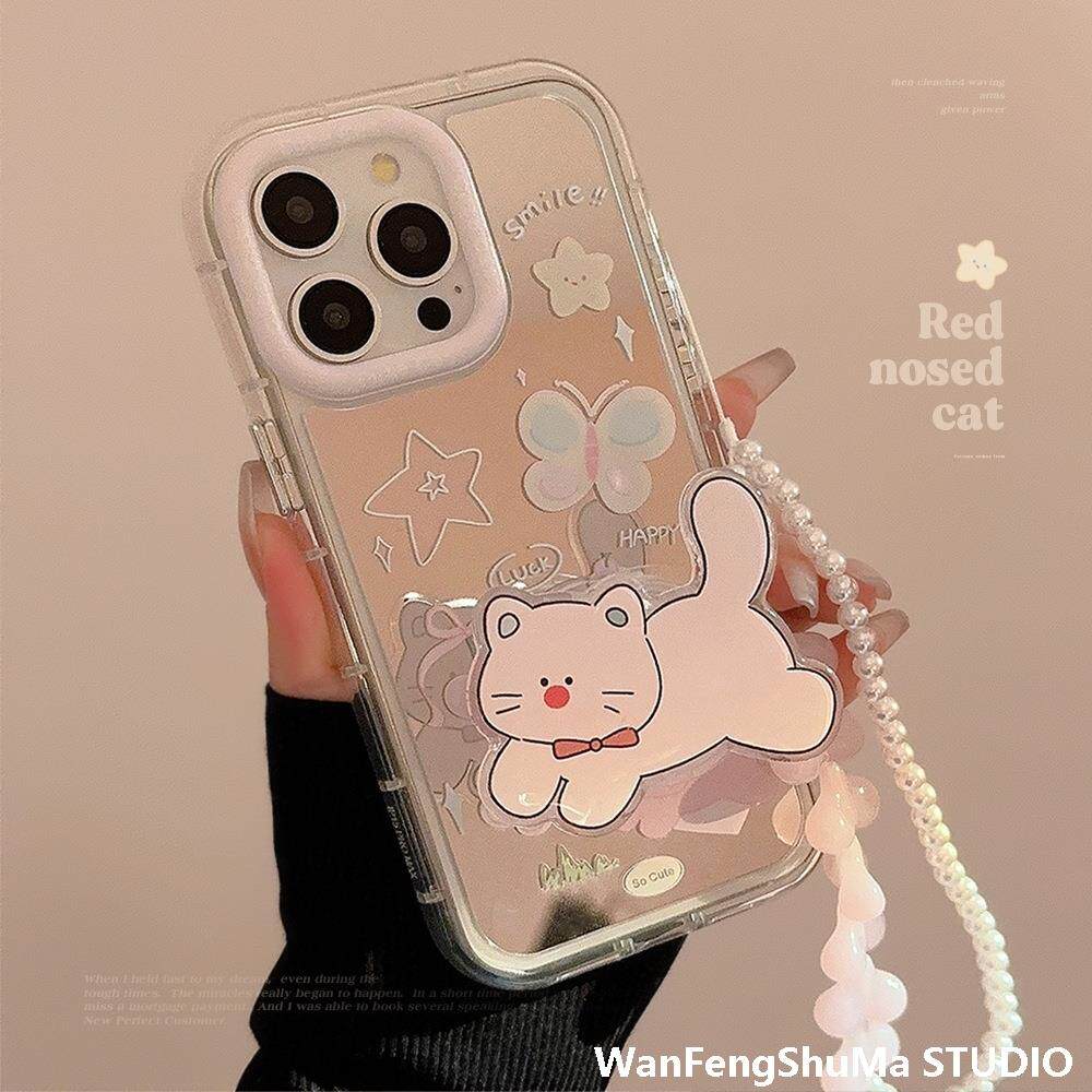 14PROMAX APPLE 15 휴대폰 케이스 IPHONE13 스탠드 12 체인 11에 적합한 거울 귀여운 나비 고양이