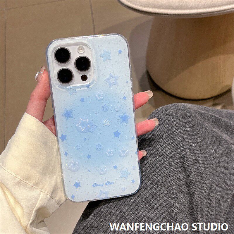 闪粉蓝色星星适用iPhone16promax手机壳苹果1415pro保护套13挂链