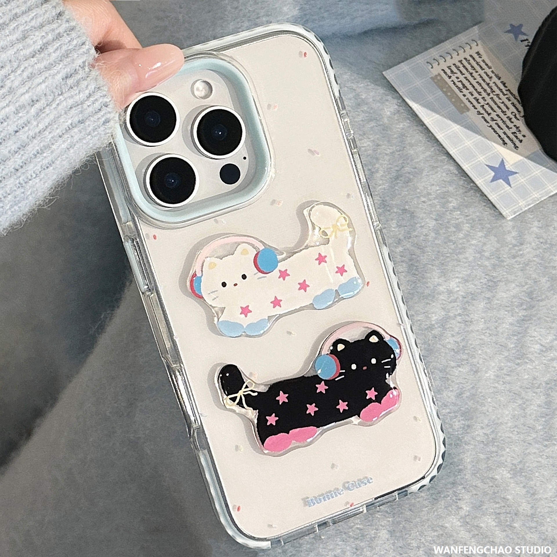蓝泼墨卡通猫咪iPhone15苹果16promax手机壳适用14防摔13立体11软