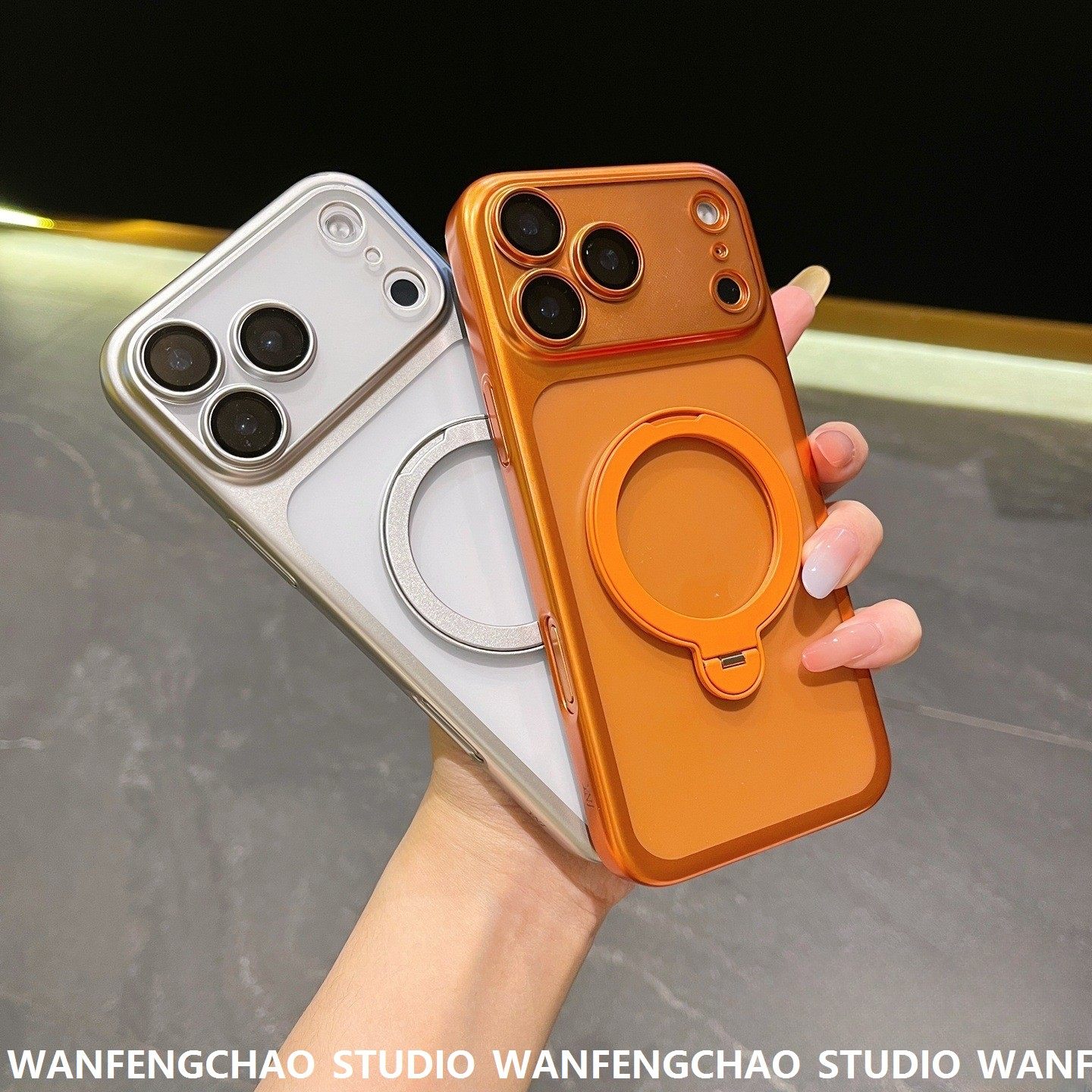 iPhone17PROMAX电镀磨砂磁吸手机包适用苹果16旋转支架全包镜头膜