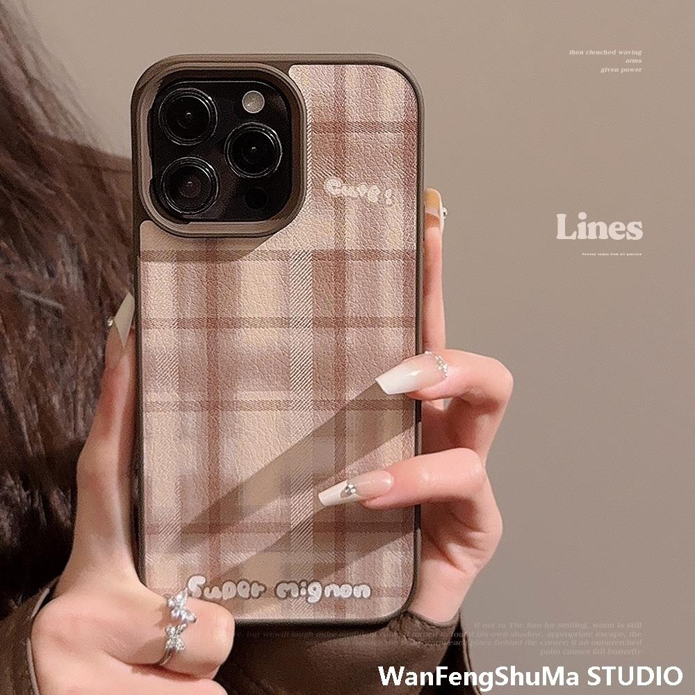 美拉德棕格子iPhone16手机壳苹果14pro皮质11适用1312