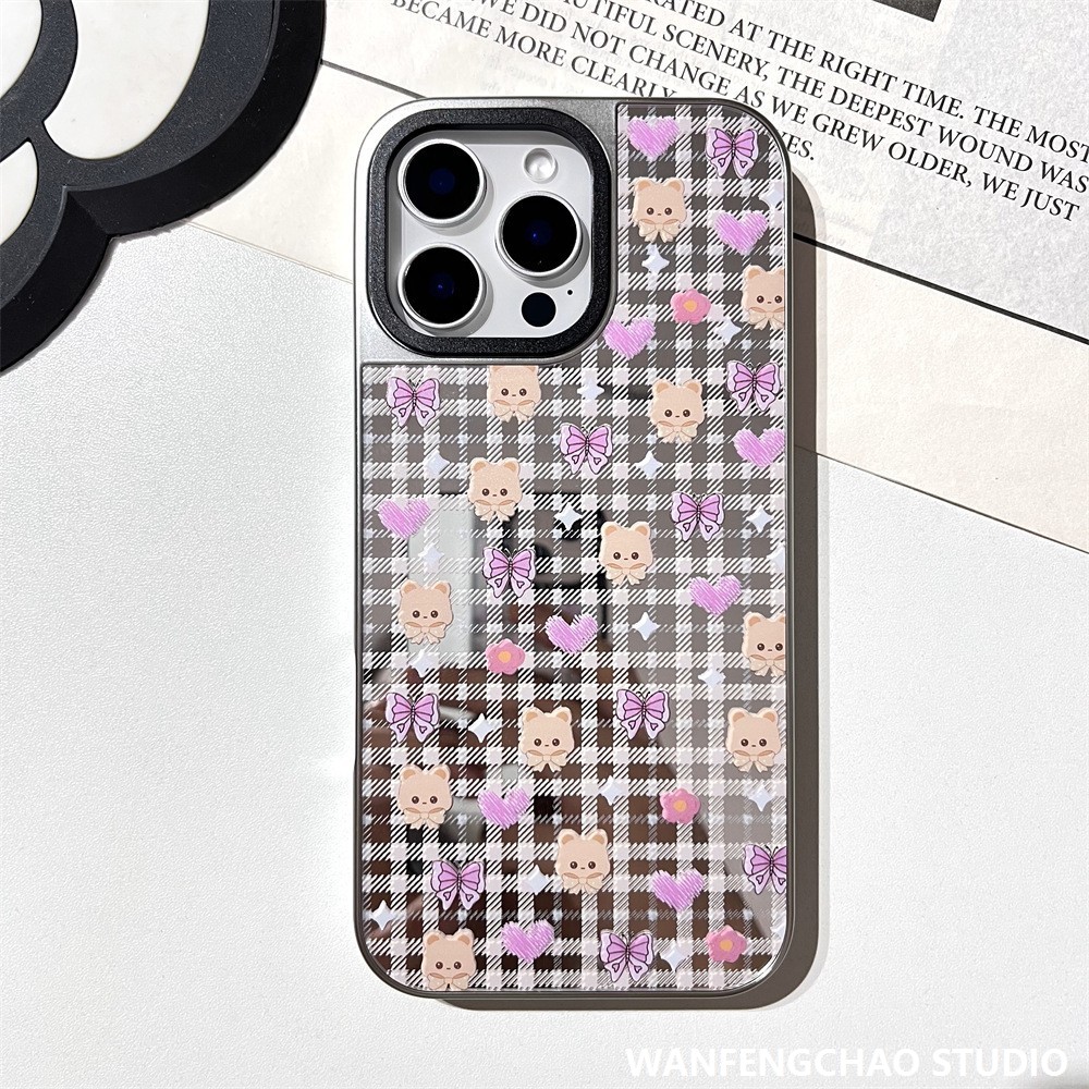 小熊镜面苹果16手机壳14ProMax少女iPhone15适用12蝴蝶结11镀银
