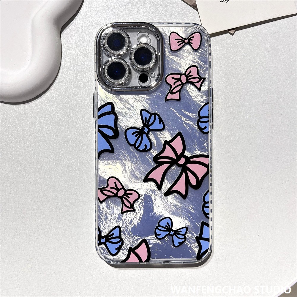 粉蓝色蝴蝶结苹果16锡纸纹手机壳适用iphone15 14 防摔12 11精孔