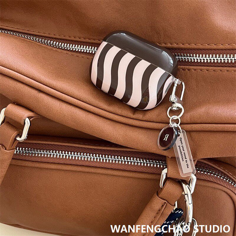 简约咖色条纹适用苹果12代airpods4代耳机保护套pro新3代耳机壳软