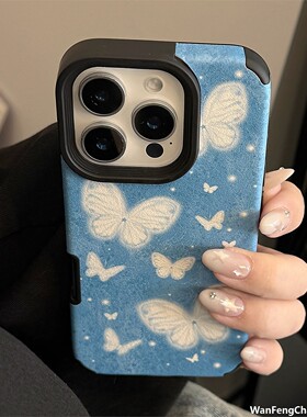 欧美复古风适用1617手机15promax皮质蓝蝴蝶13防摔11