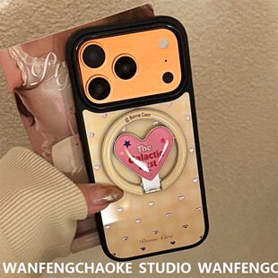 适用iphone16苹果17promax手机包13鎏金格纹爱心14高颜值15硬套12