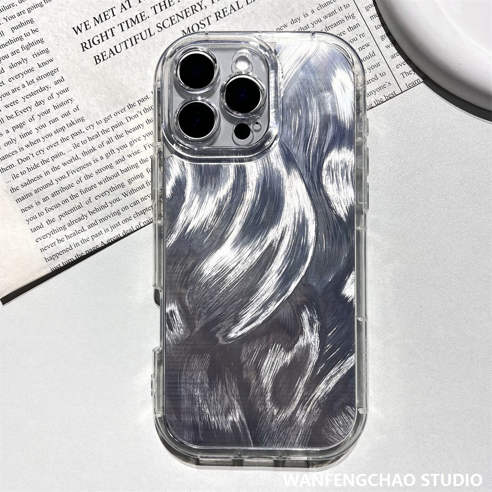 高级精孔银色羽纱纹苹果16手机壳适用于iphone15气囊14批发定制13