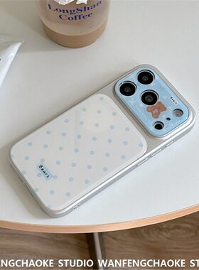 ins秒变大视窗韩系蓝色波点小熊适用17 Pro max保护套16Pro手机包