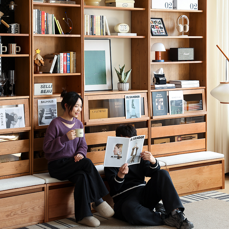 玄素樱桃木实木组合书柜一体靠墙