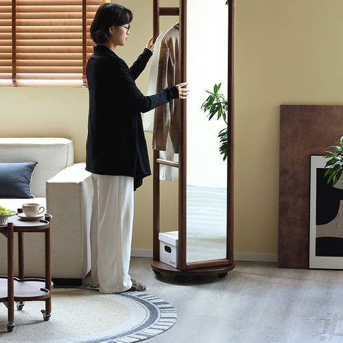 玄素全黑胡桃木穿衣镜挂衣架一体