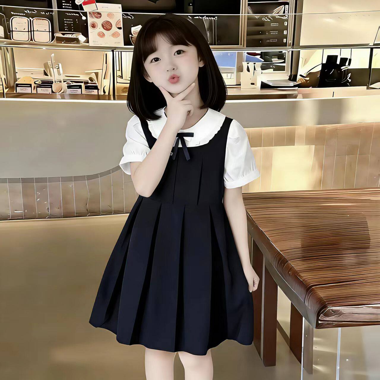 女童黑色连衣裙洋气新款夏装2026年学生中长款学院风裙子夏季童装