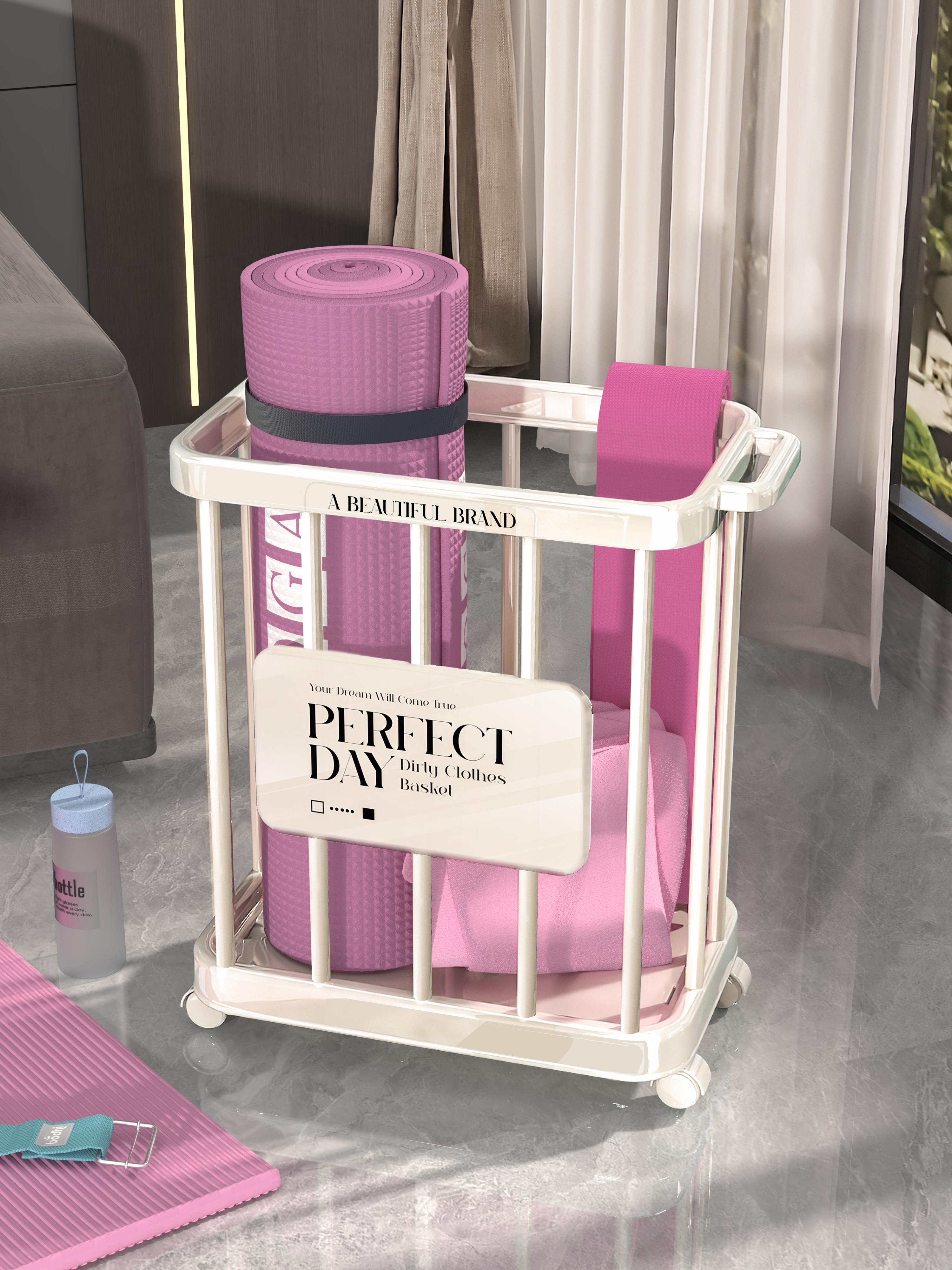 瑜伽垫收纳筐家用带轮子可移动健身器材收纳框运动用品夹缝置物架