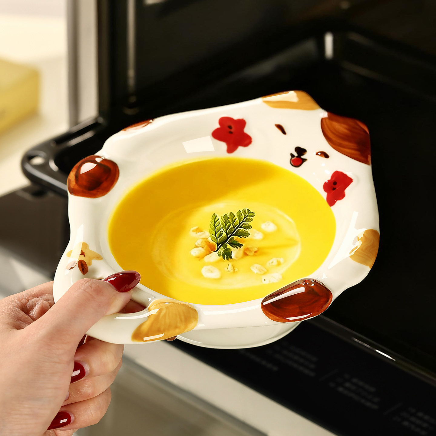 可爱陶瓷碗具家用浮雕饭碗勺子组合创意卡通餐具套装高颜值沙拉碗