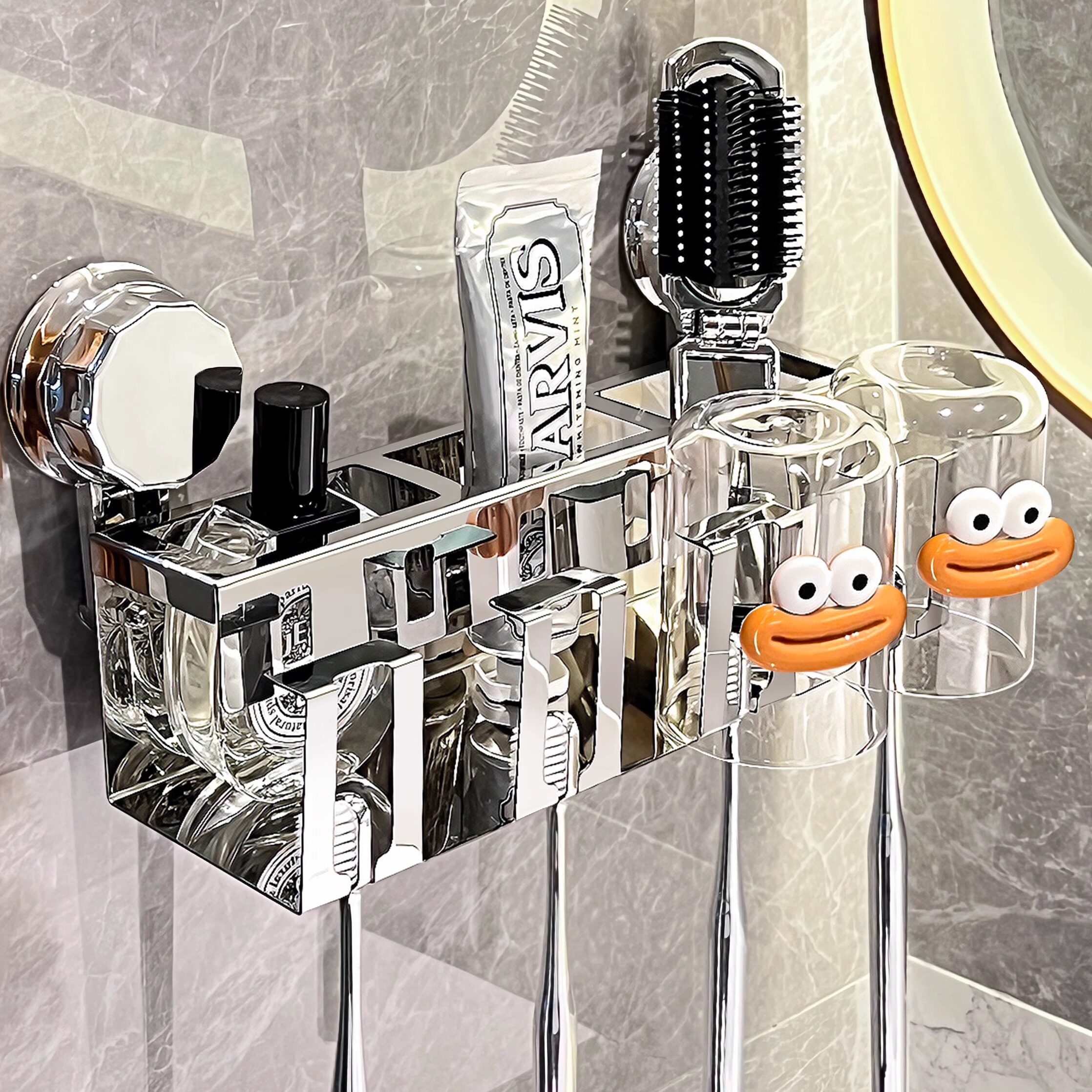 新款不锈钢吸盘牙刷置物架免打孔壁挂化妆室刷牙杯漱口杯牙膏架子