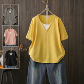 针织衫 加肥加大码 薄款 200斤宽松短袖 上衣 假两件冰丝T恤女胖mm夏季