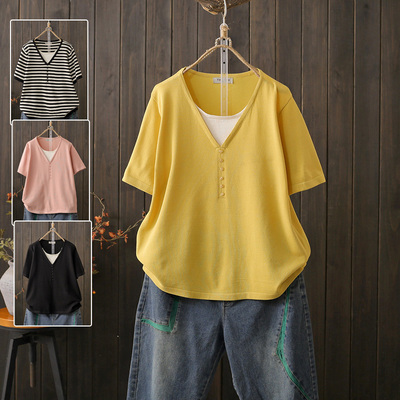 短袖薄款假两件冰丝T恤女
