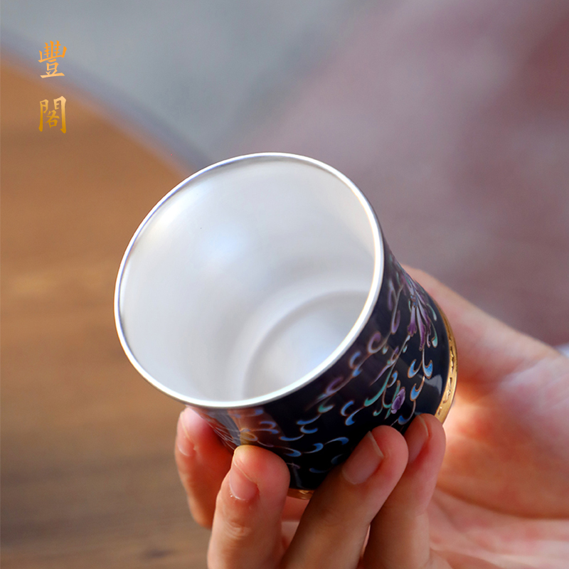 二2两鎏银白酒杯内胆纯银酒具999银杯青花陶瓷主人杯烈酒盅100ml
