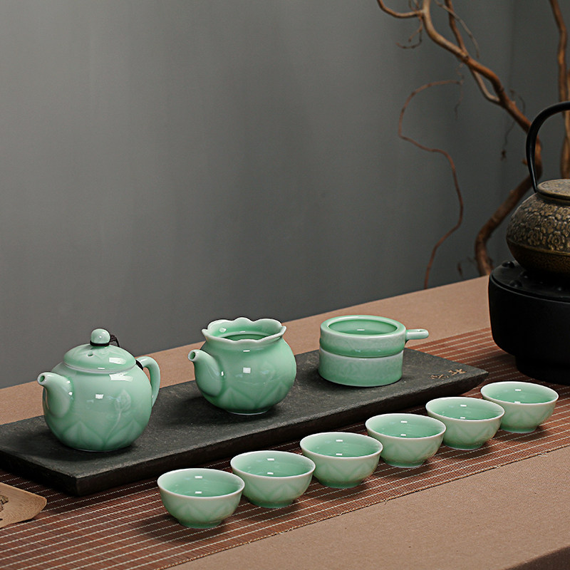 青瓷茶具套装浮雕家用简约陶瓷功夫茶具套装泡茶器会客茶杯礼盒装