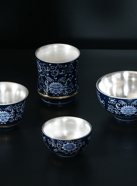 景德镇鎏银酒杯999纯银品酒主人单杯陶瓷银白烈酒杯酒具二两酒盅