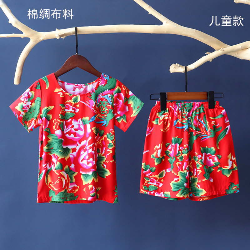儿童东北大花布夏季棉绸套装短袖背心短裤男女童民族风人造棉家居