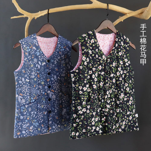 纯手工纽扣款宽松纯棉花马甲V领