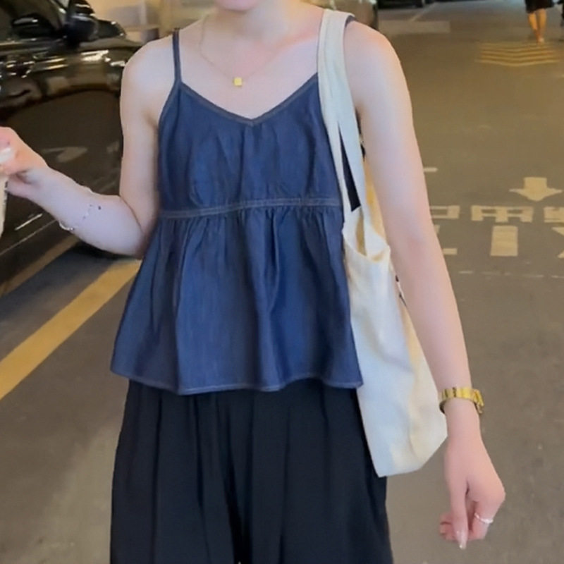 韩版外穿夏天简约气质V领宽松设计褶皱荷叶边无袖背心牛仔吊带女