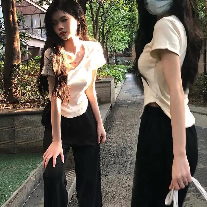 100%棉夏季套装女设计感小众小个子短袖上衣显瘦休闲阔腿裤两件套