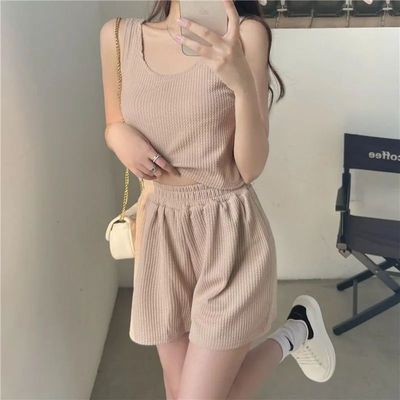 2025夏季新款时尚内搭休闲运动套装女外穿短款吊带背心短裤两件套