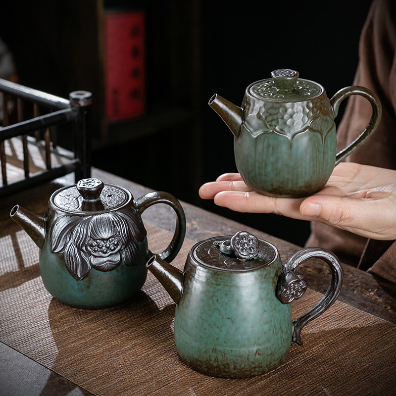 窑变绿粗陶茶壶家用手工简约覆古陶瓷中式功夫茶具单壶创意泡茶器