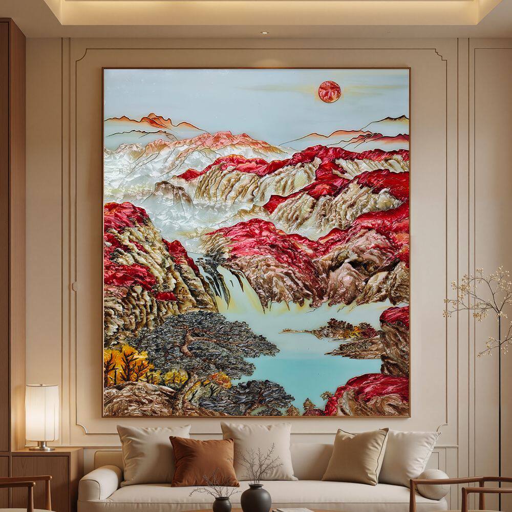 手工珐琅彩装饰画新中式走廊过道壁画客厅山水画鸿运当头定制挂画