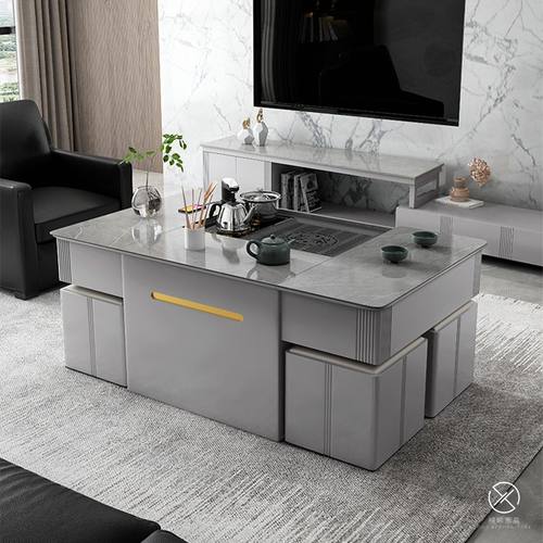 智能升降功夫茶几餐桌一体客厅家用多功能桌椅一体简约岩板泡茶台