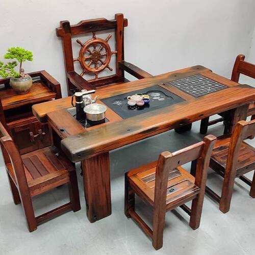 正宗老船木功夫茶桌椅组合实木办公家用茶台海船木中式招待泡茶桌