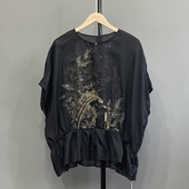 日单 印花娃娃裙摆蝙蝠袖 宽松百搭防晒衬衫 花社 依适季 6393