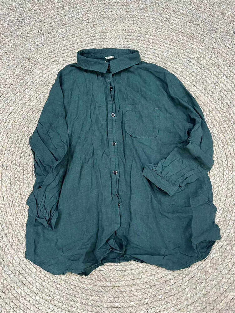 花社正品 新款5395砂洗做旧纯亚麻衬衫长袖宽松大码原单货