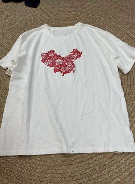 花社夏季日单 17113纯棉T恤 个性中国地图印花 宽松大版文艺百搭