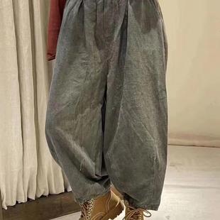休闲裤 简赛正品 宽松大码 纯棉水洗做旧哈伦裤 女 原单半松紧腰春秋款