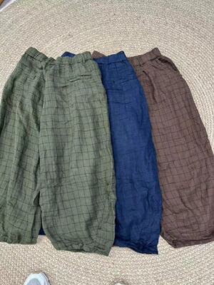 花社复古自然腰格子休闲裤