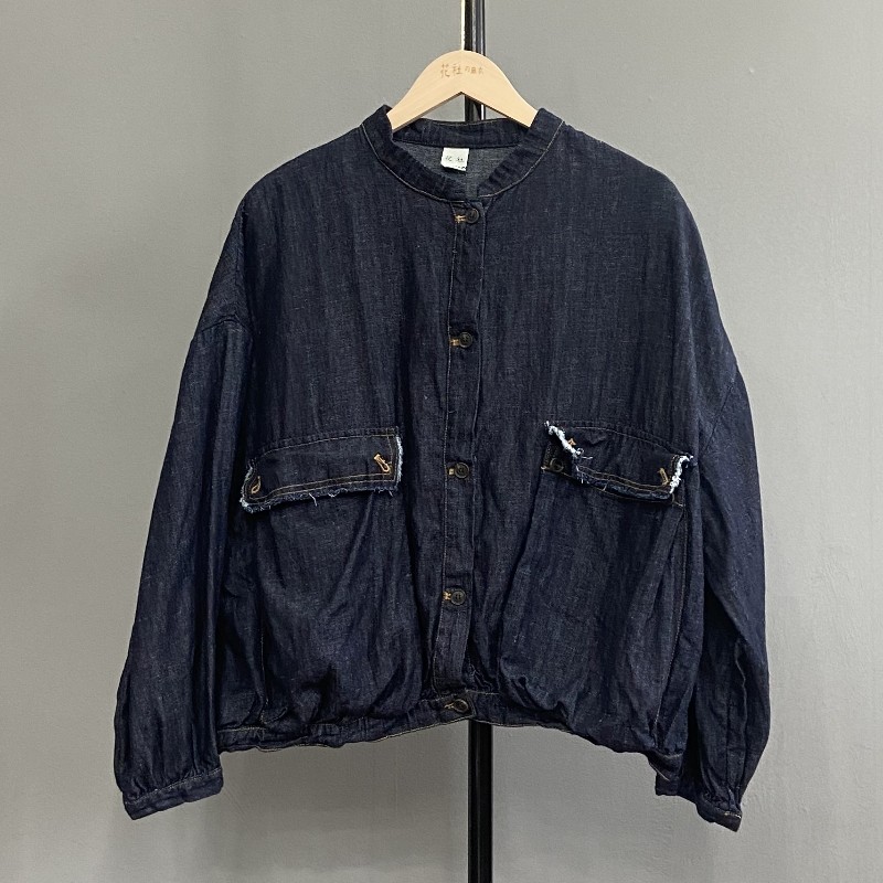 花社の日单 花社5603外套衬衣 砂洗亚麻有口袋毛边单排扣宽松百搭