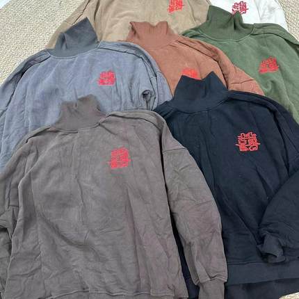 花社正品原单17085炒色纯棉加绒加厚款半高领卫衣喜字刺绣宽松