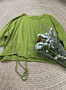 花社正品原创夏季18358个性蝙蝠袖纯棉抽绳条纹宽松显瘦T恤女百搭