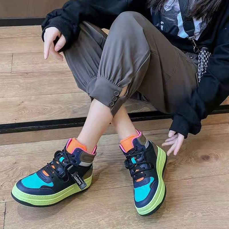 佰诗奴真皮运动休闲鞋高帮鞋女2021年新款春季潮鞋女 百搭女鞋