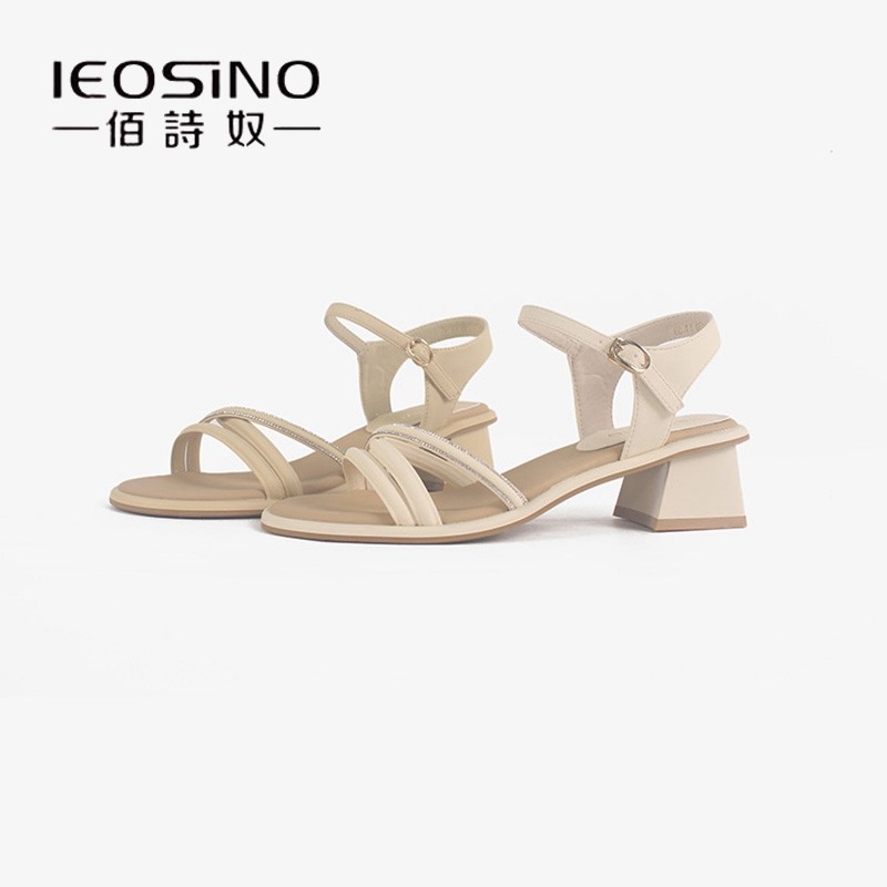 佰诗奴水钻粗跟法式百搭凉鞋女