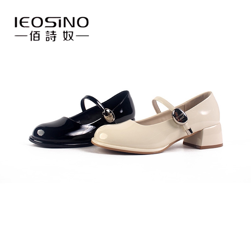 佰诗奴女鞋2025春季玛丽珍亮皮气质方头简约百搭一字带中跟单鞋女