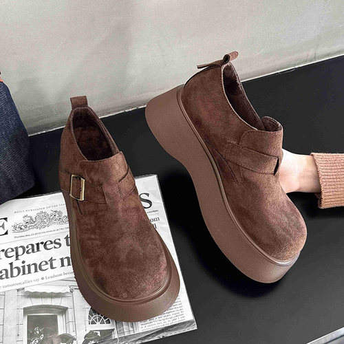 佰诗奴加绒勃肯鞋女2024小个子增高一脚蹬松糕底保暖乐福鞋棉鞋女