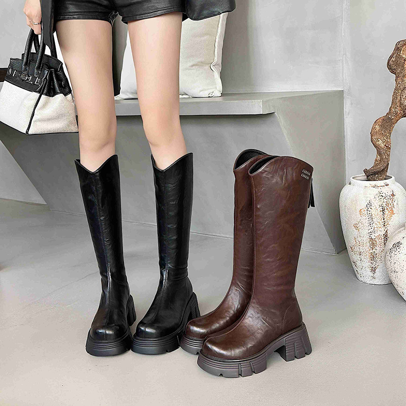 佰诗奴女高靴2024年冬季新款英伦风中跟马丁靴女长筒靴女骑士靴潮