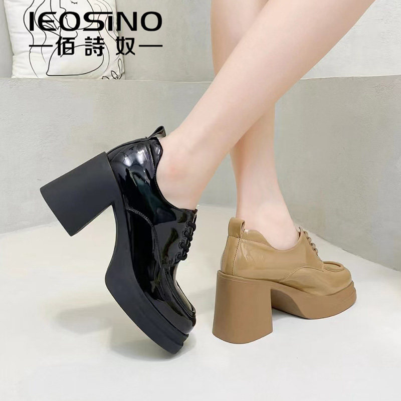 佰诗奴女鞋2023年新款春季漆皮高跟粗跟系带百搭单鞋女103322381
