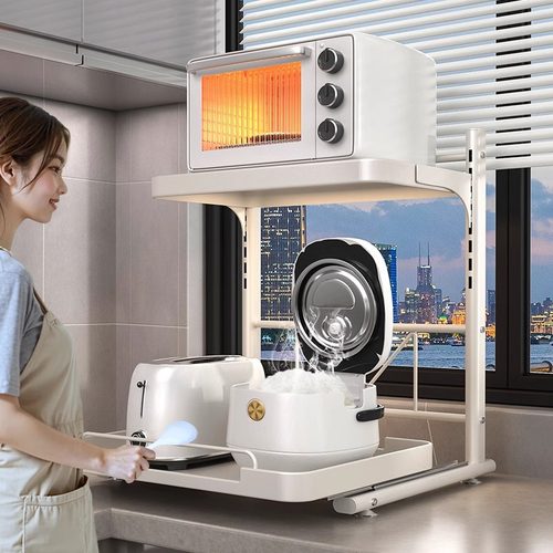 厨房微波炉置物架可抽拉家用烤箱收纳架台面电饭煲小家电储物架子