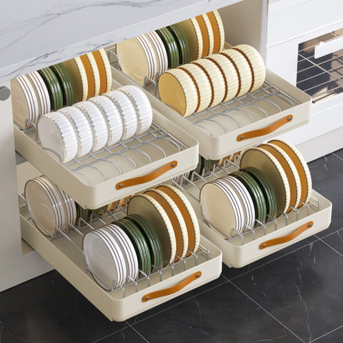 不锈钢厨房抽拉碗碟收纳架橱柜内拉篮抽屉式置物架家用碗盘沥水架