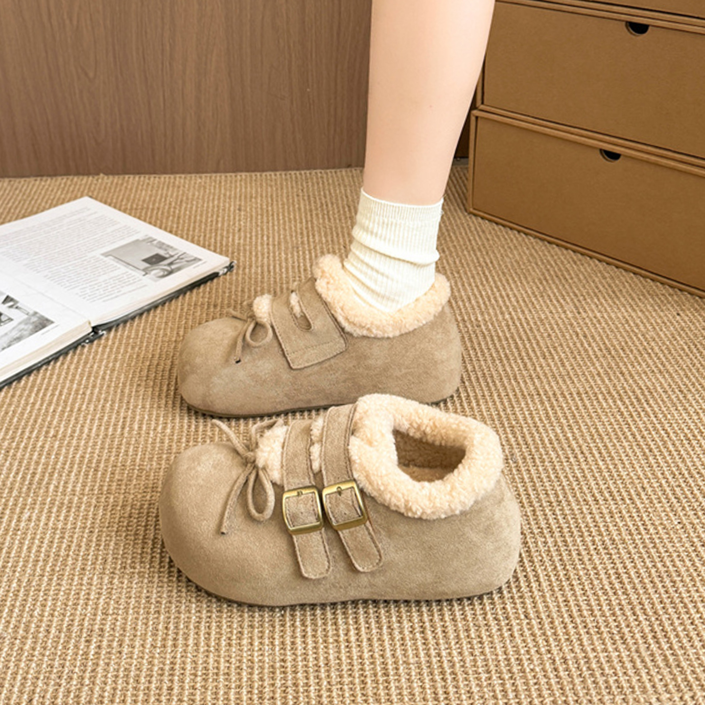 加绒加厚勃肯鞋2025新款魔术贴毛绒棉鞋女冬季蝴蝶结毛毛雪地靴女