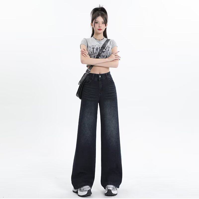 美式复古直筒牛仔裤女春秋季2026新款蓝灰色高腰显瘦宽松拖地裤子